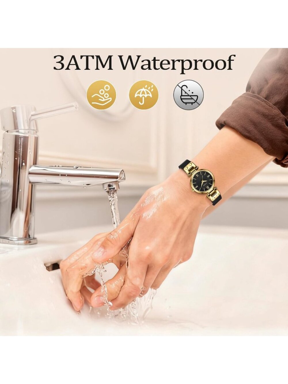 Women's All Black Elegant Classic Small Gold Leather Stylish Ladies Wrist Watch - Picture 5 of 7
